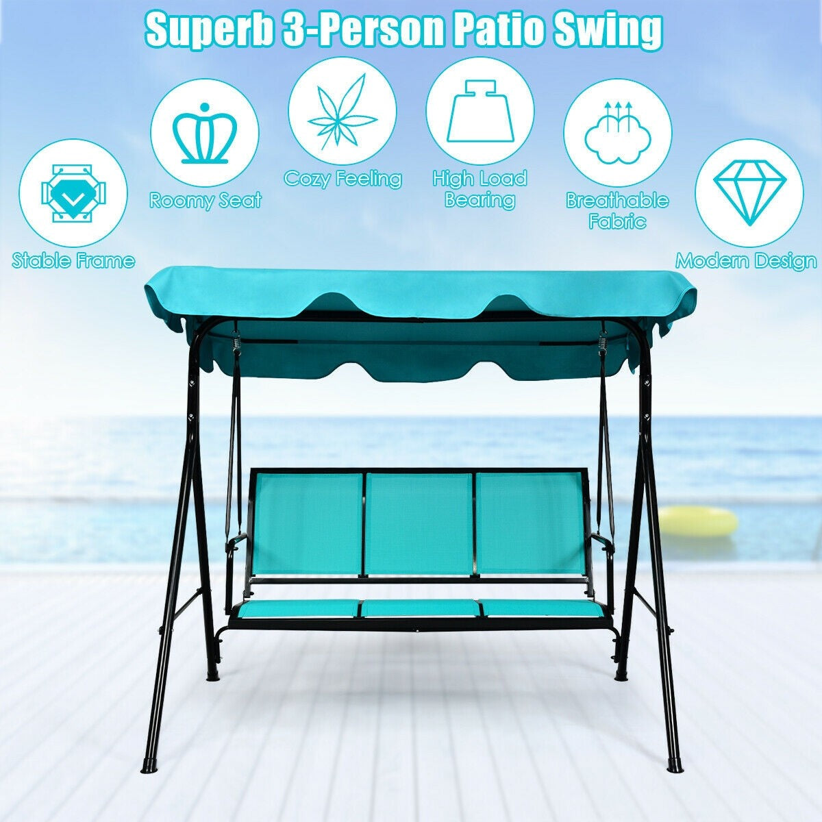 3 Seat Outdoor Patio Canopy Swing with Cushioned Steel Frame