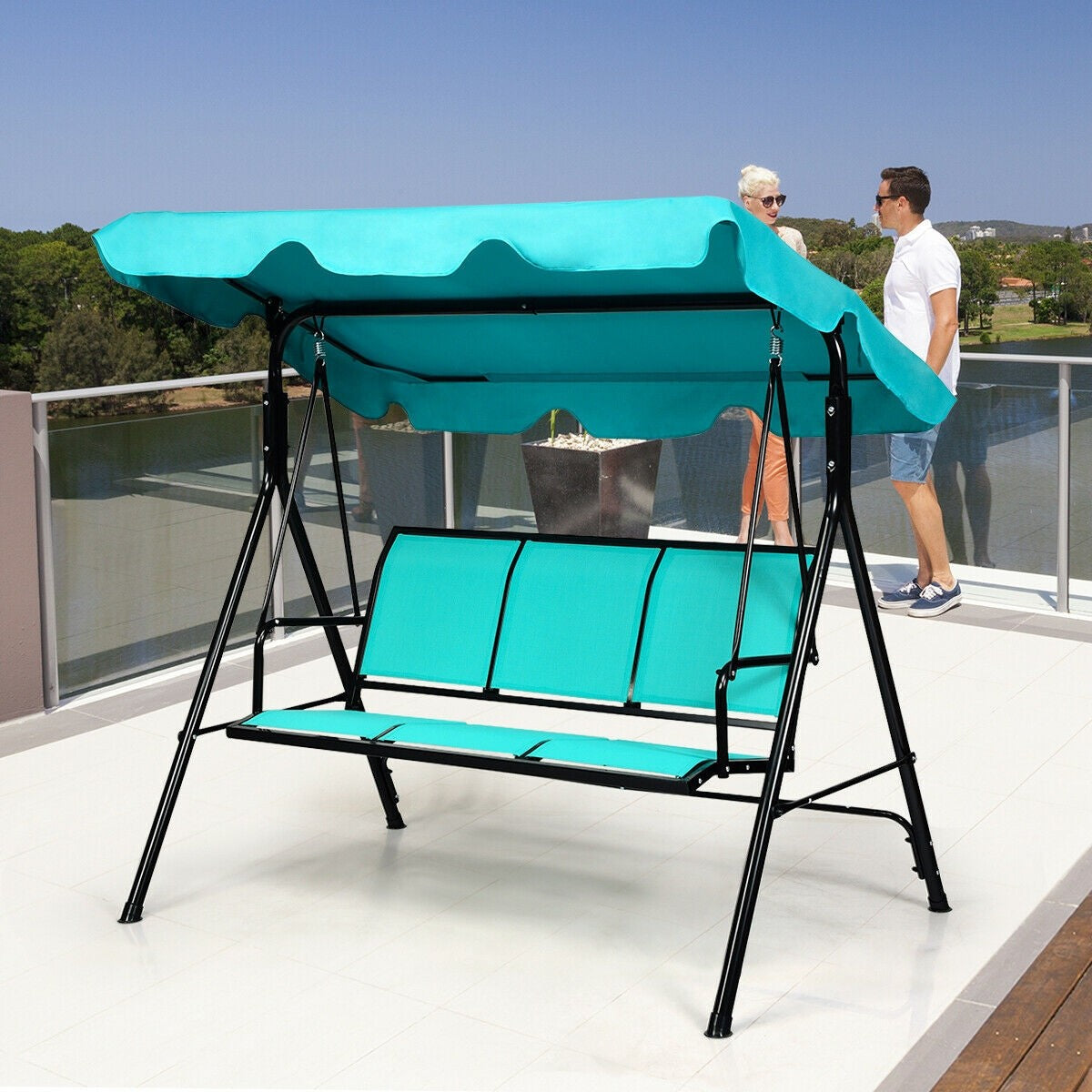 3 Seat Outdoor Patio Canopy Swing with Cushioned Steel Frame