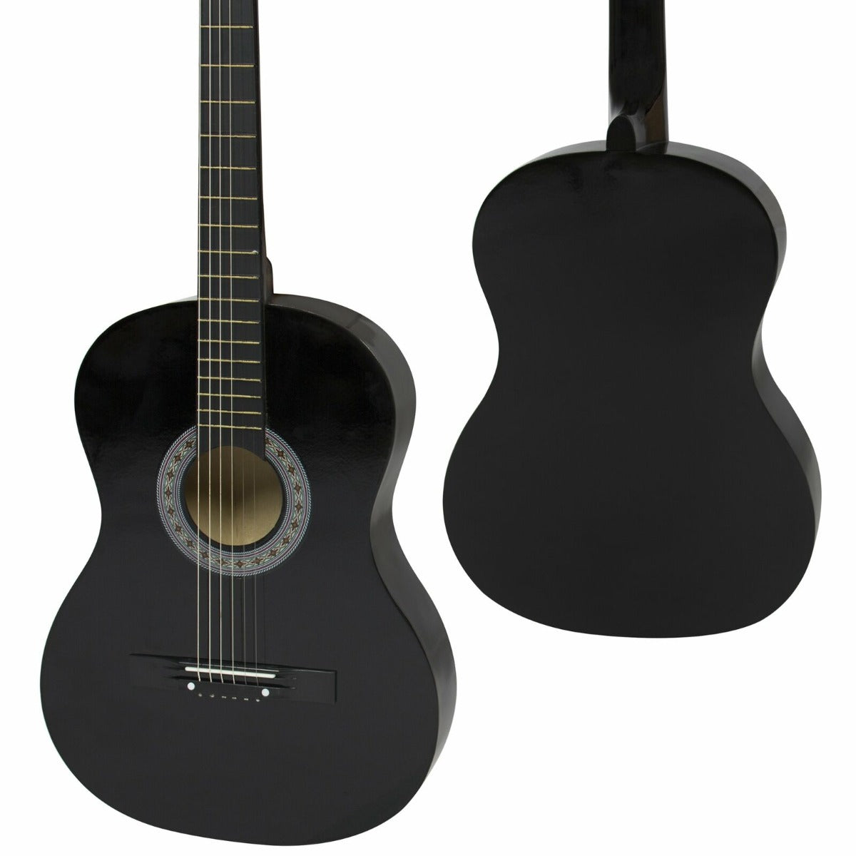 black acoustic guitar front view and back view