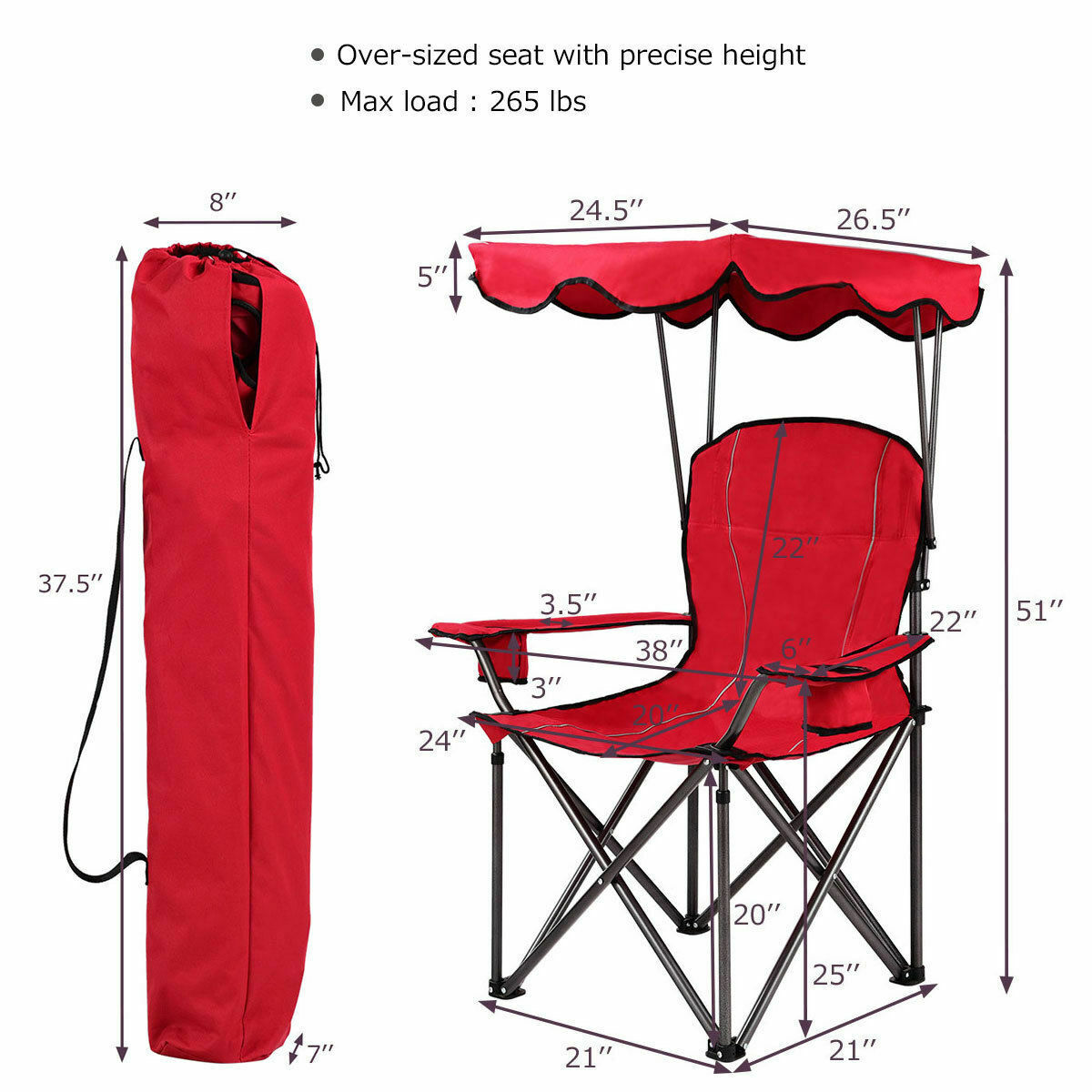 ChaiseX Portable Folding Beach Chair with Canopy Cup Holders Carrying Bag For Camping Hiking Outdoor