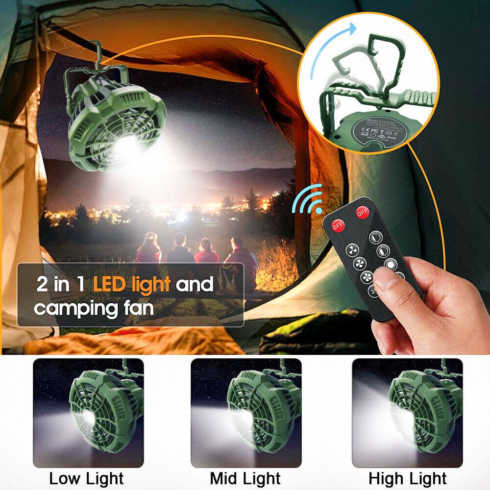 Remote Controlled Portable 2 in 1 LED Camping Light and Fan Outdoor Hiking Lantern and Fan Combo