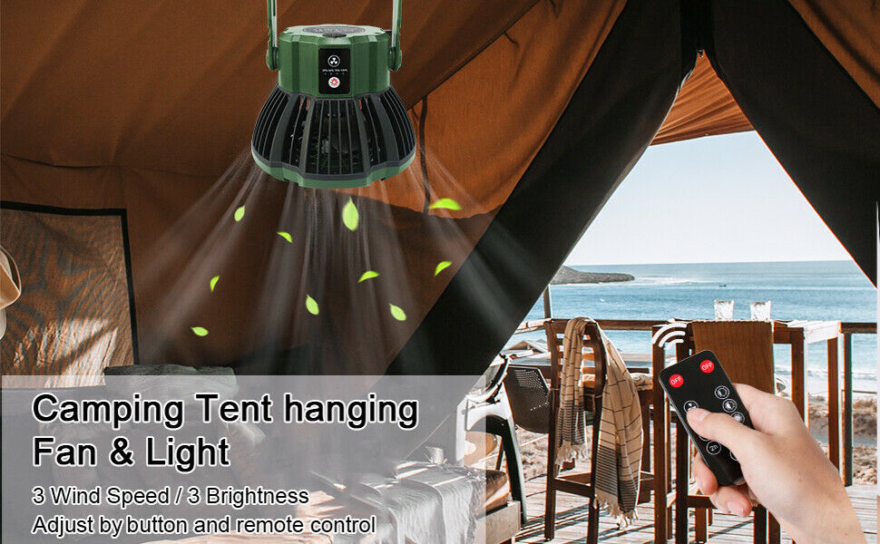 Remote Controlled Portable 2 in 1 LED Camping Light and Fan Outdoor Hiking Lantern and Fan Combo