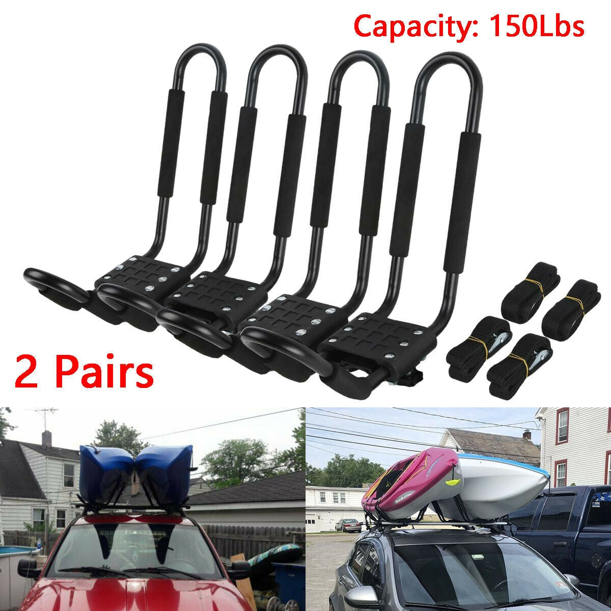 2 Pair Canoe Boat Kayak Roof Rack Ski Surf Snowboard Roof Mount Car Cross J-Bar Rack