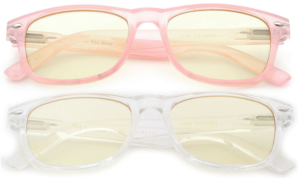 pink and clear anti blue glasses closeup